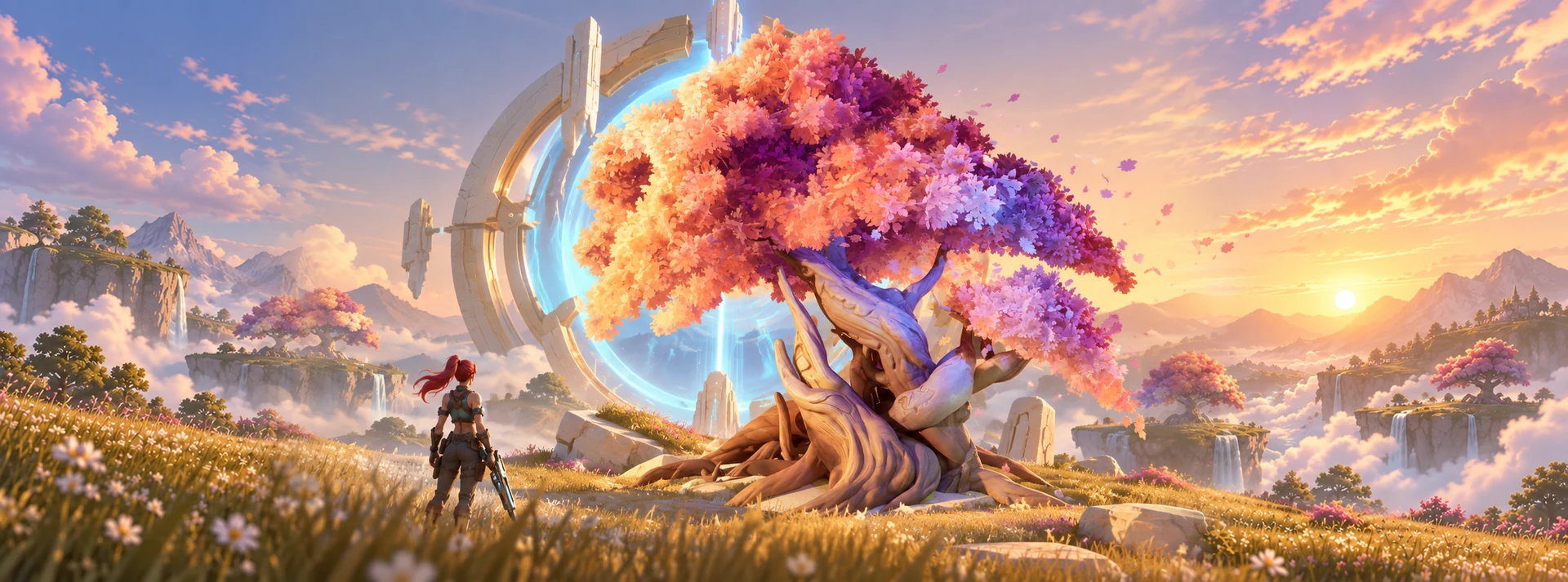 A lone adventurer facing an immense luminous portal and a coral-colored ancient tree